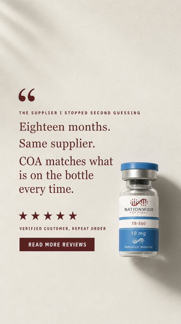 Testimonial quote card: Eighteen months. Same supplier.